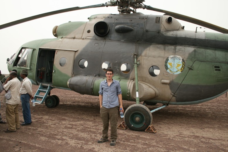 Helicopter collecting guards and local geologist Osman in the Afar regional capital Semera