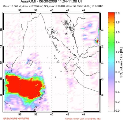 Map of sulphur dioxide emissions from NASA's EOS-Aura satellite 30th June 2009