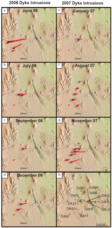 Figure 2 Observed and modelled GPS data covering each of the new dyke intrusions